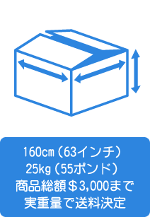 160cm（63インチ）25kg（55ポンド）商品総額＄3,000まで実重量で送料決定
